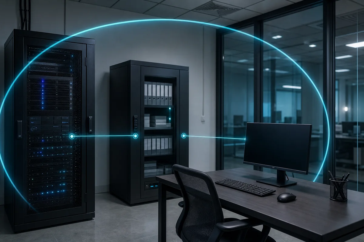Illustration 3D d'une infrastructure IA privée et sécurisée